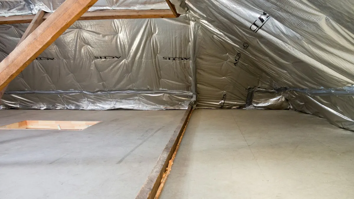 Insulated loft space with wooden beams